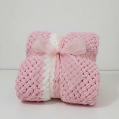 Deka ručně pletená na jednolůžko růžová s bílou