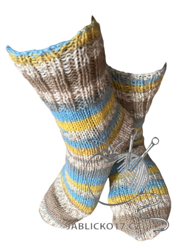 Ručně pletené ponožky na míru -  modro, žluto hnědý melír