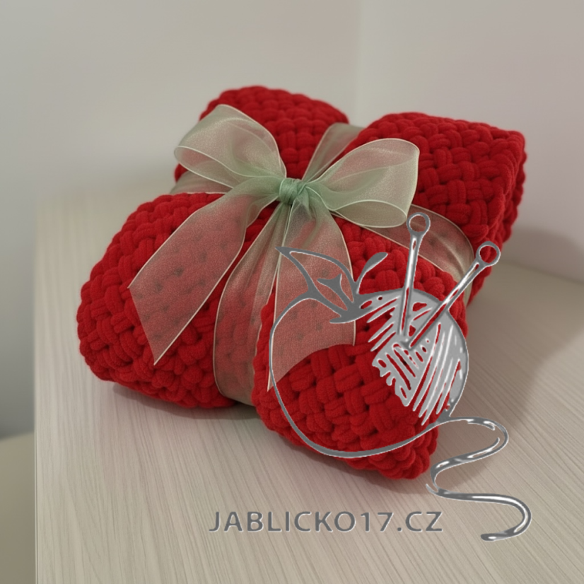 Deka ručně pletená na jednolůžko červená