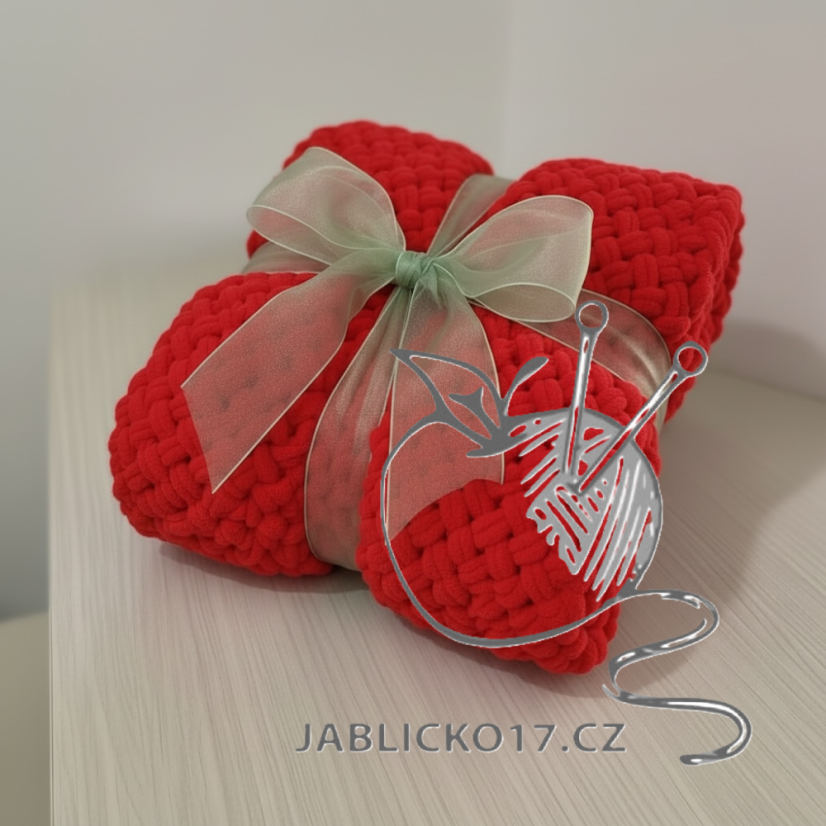 Deka ručně pletená na jednolůžko červená světlá