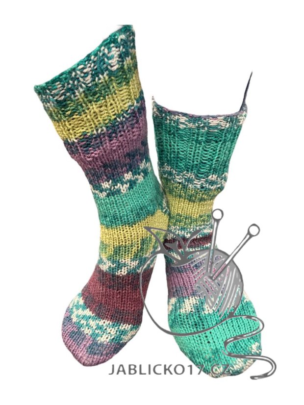 Ručně pletené ponožky na míru - zeleno fialovo žlutý melír