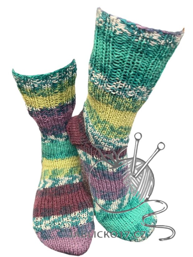 Ručně pletené ponožky na míru - zeleno fialovo žlutý melír