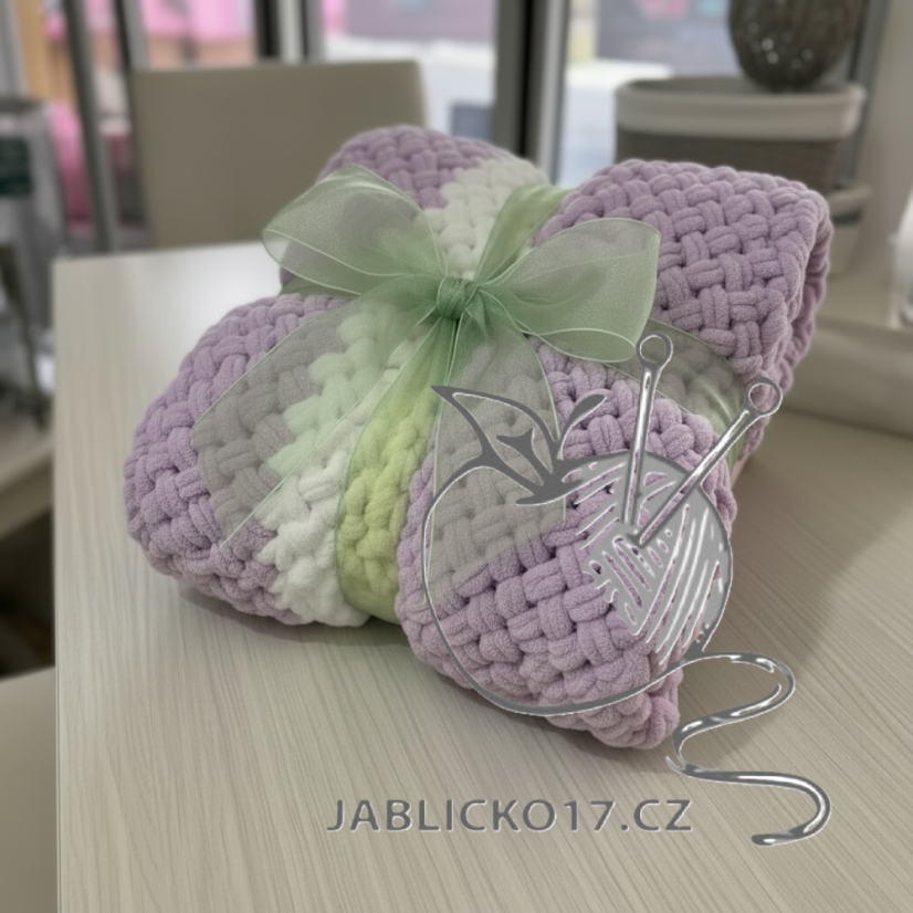 Deka ručně pletená na jednolůžko světlá fialová s bílou